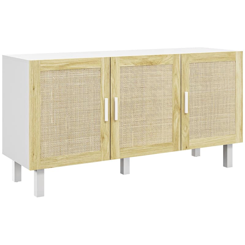 Sideboard Buffet Cabinet with 3-Rattan Doors, Adjustable Shelves & Elevated Base, Boho Kitchen Storage Cabinet, White & Natural - White+Natural