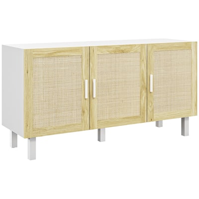 Sideboard Buffet Cabinet with 3-Rattan Doors, Adjustable Shelves & Elevated Base, Boho Kitchen Storage Cabinet, White & Natural