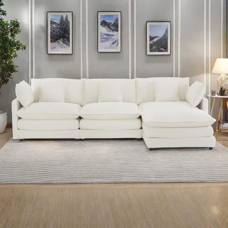 112.6" Corduroy L-Shaped Sectional Sofa with Ottoman and Storage Pockets - Beige