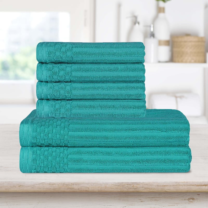 Superior Ribbed Cotton Absorbent Heavyweight Hand Towel and Bath Towel Set - Turquoise