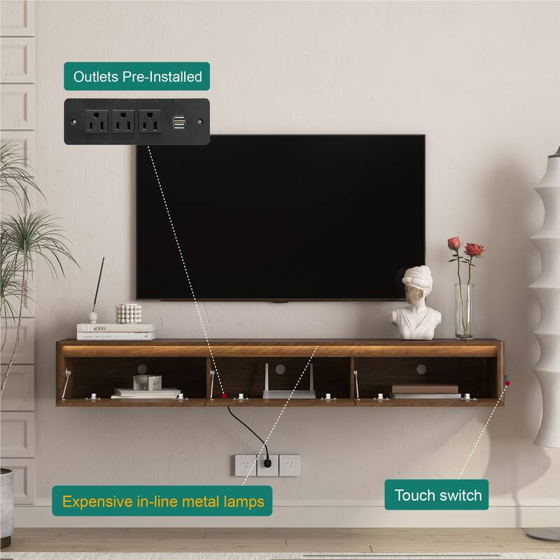 Floating TV Stand with Power Outlets & LED Lights, Mid-Century Modern High Gloss TV Cabinet Media Console Shelf