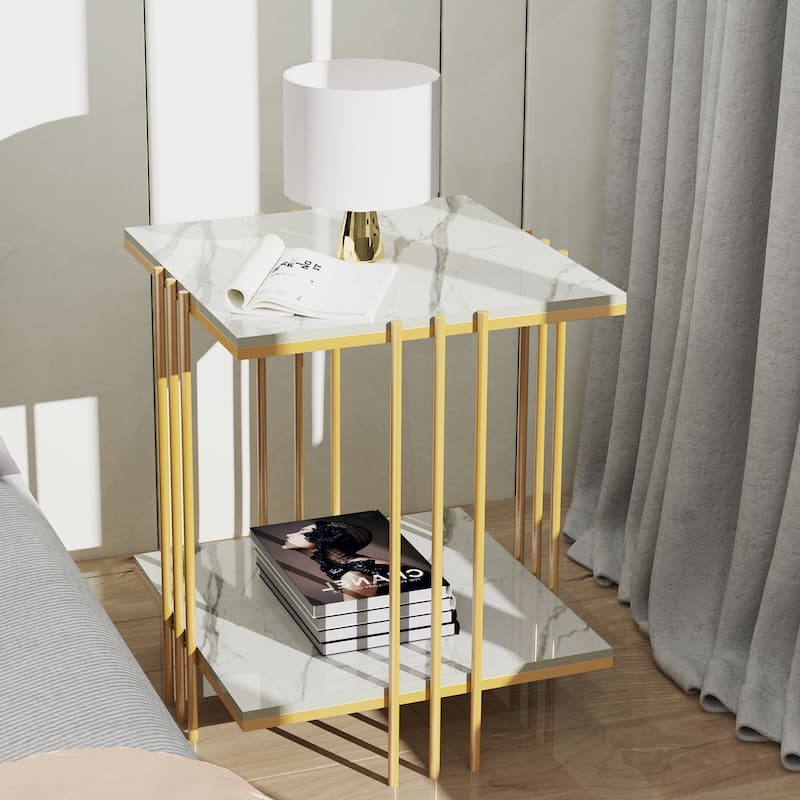 2 Tier Square Side Table Marble Gold Metal Leg Accent End Coffee Desk - White & Gold