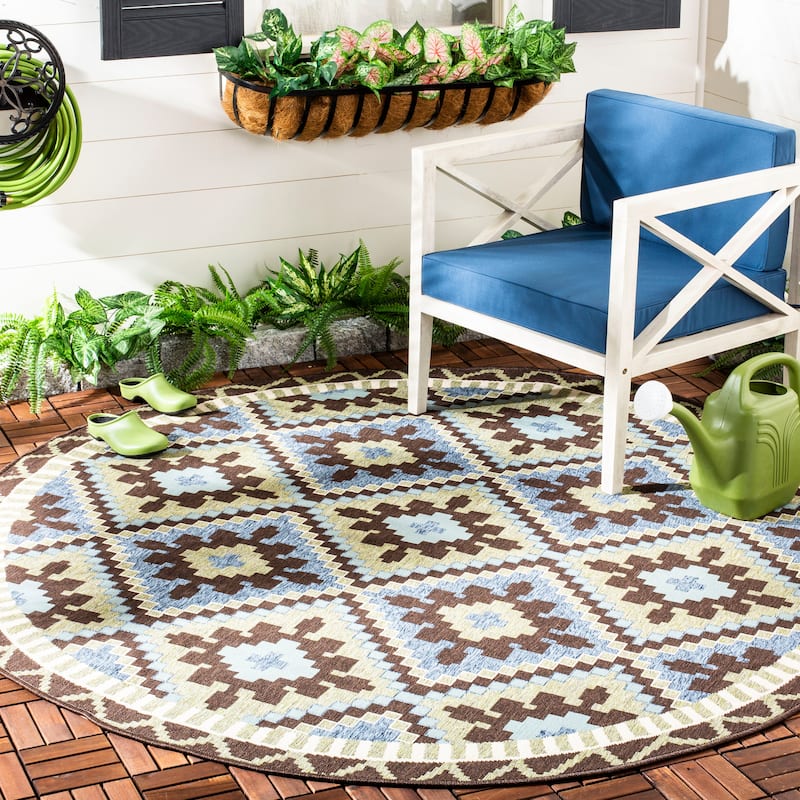 SAFAVIEH Veranda Vitaline Indoor/ Outdoor Waterproof Patio Backyard Rug - 6'7" x 6'7" Round - Green/Chocolate