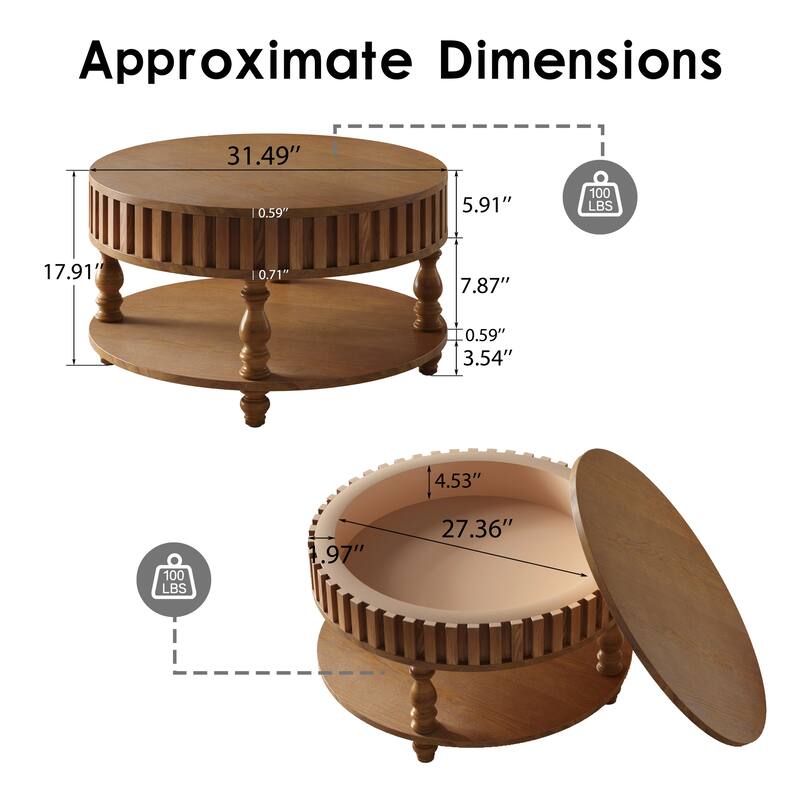 31.5" Farmhouse Round Fluted Coffee Table with Flip-Top Lids and Spacious Hidden Storage