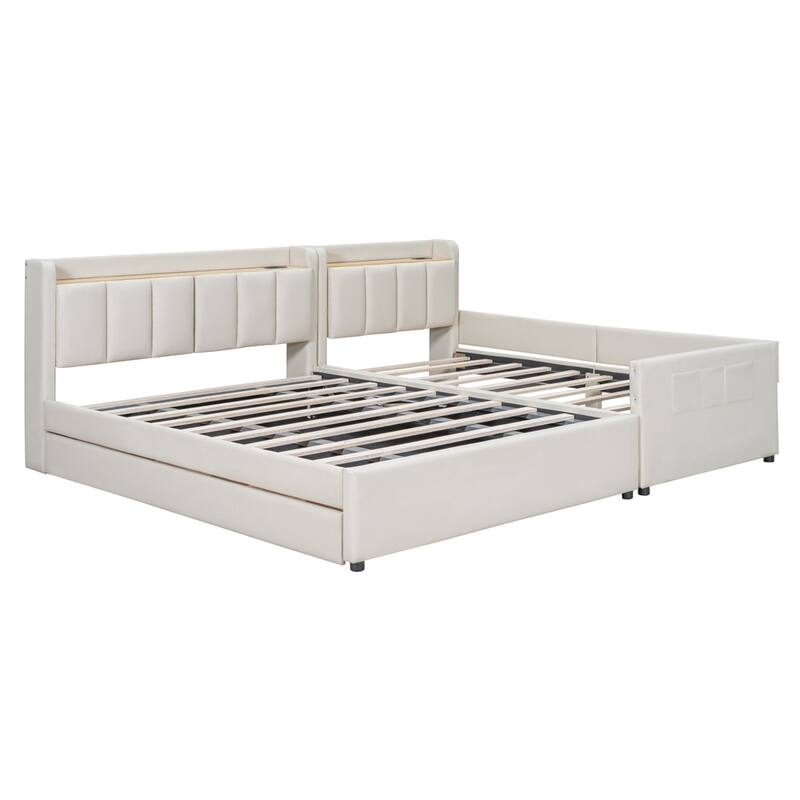 Queen Size Leather Upholstered Platform Bed with Drawer and Sockets