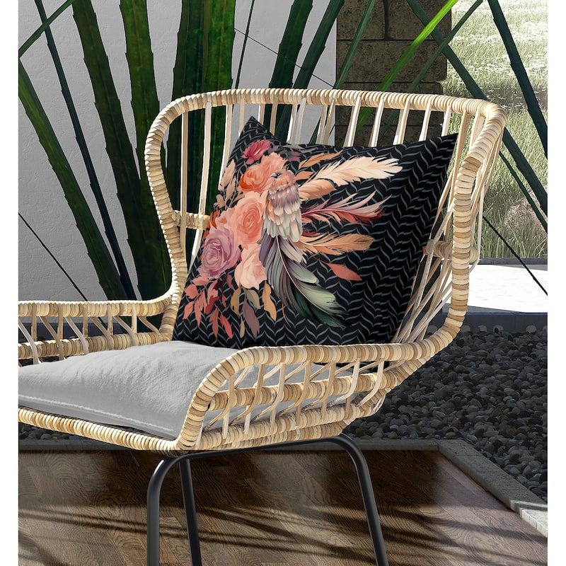 Feathered Bouquet Indoor/Outdoor Reversible Throw Pillow Black and Pink