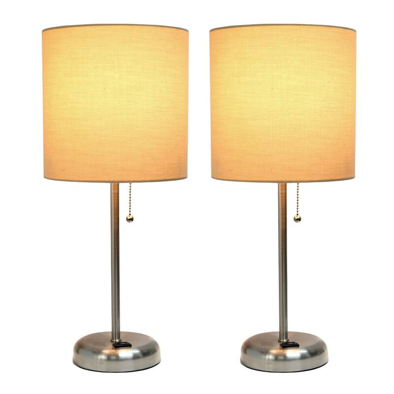 Stick Table Lamps with Drum Shade - 19.5" - Silver and Tan - Set of 2