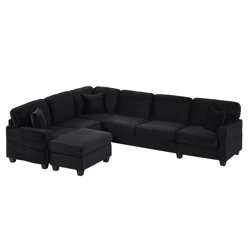 Roomfitters U-Shaped Upholstered Sectional Sofa with Movable Ottoman and Side Storage Pockets for Living Room