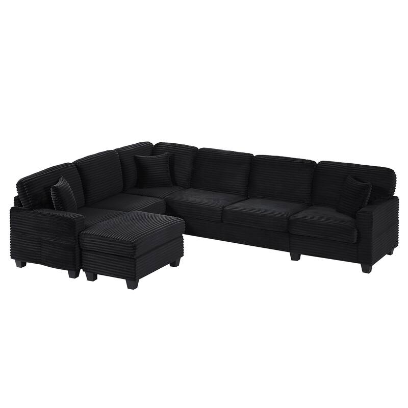U Shaped Sectional Sofa with 1 Movable Ottoman, Corduroy Upholstered 6 Seater Sofa, Corner Sofa with Storage Pockets
