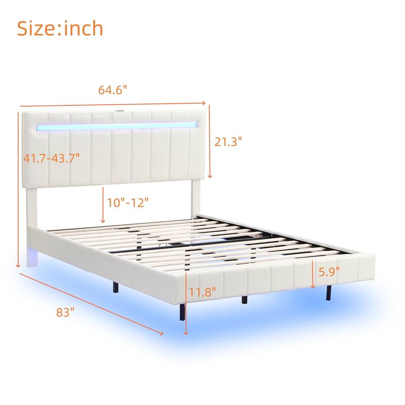 Queen Size Floating Bed Frame with LED Lights and USB Charging,Modern