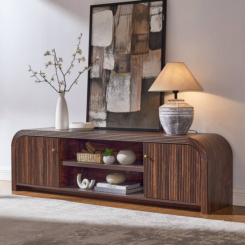 Modern Fluted TV Stand for 80" TV, Media Console, Entertainment Center - Walnut