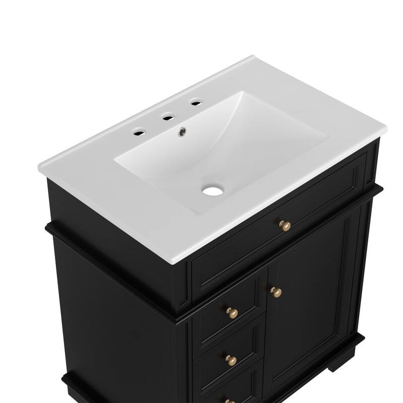 30" Bathroom Vanity with Ceramic Sink, Bathroom Vanity Cabinet with 3 Drawers, 1 Tip-out Drawer, Door Shelf & Soft Closing Door