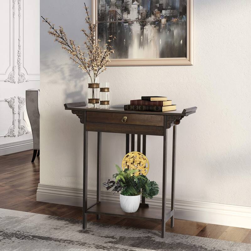 Gold Relief Dragon Totem Brown Console Table Entryway Table with Drawer and Bottom Shelf - 32.09x12.6x32.28''