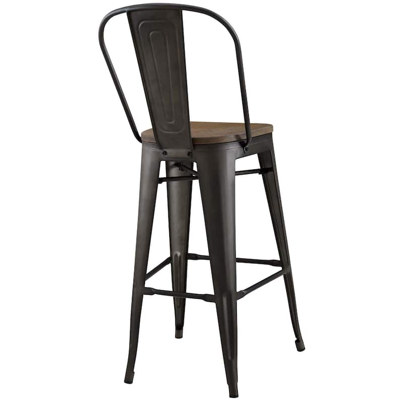 Industrial Modern Steel Bistro Bar Stool With Bamboo Seat in Black