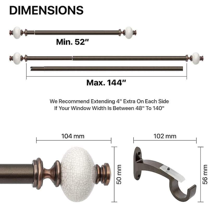Deco Window 1 Inch Adjustable Brown Curtain Rod for Windows & Doors Curtains with Ceramic Round Finials & Brackets Set