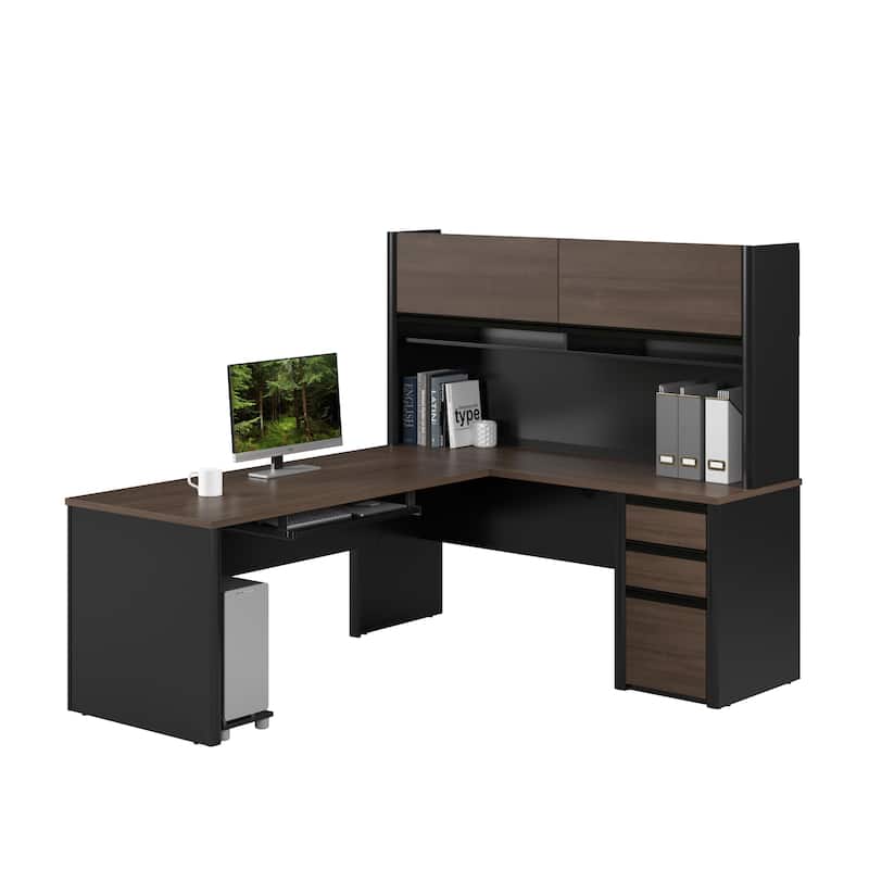 Bestar Connexion 72W L-Shaped Desk with Hutch and Pedestal - Antigua & Black