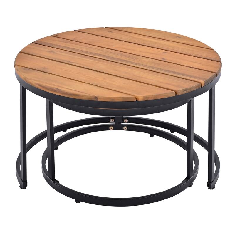 Beige 6-piece Acacia Wood Outdoor Sectional Sofa Set with Round Nesting Coffee Tables and Side Storage Shelf, Cushioned Seating