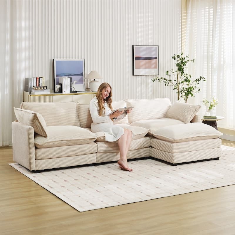Oversized Modular Corduroy Sectional Sofa Set with Ottoman, 3-Seater / 4-Seater Deep Seat Lounge Couch for Living Room - Beige-3 Seat - Reversible
