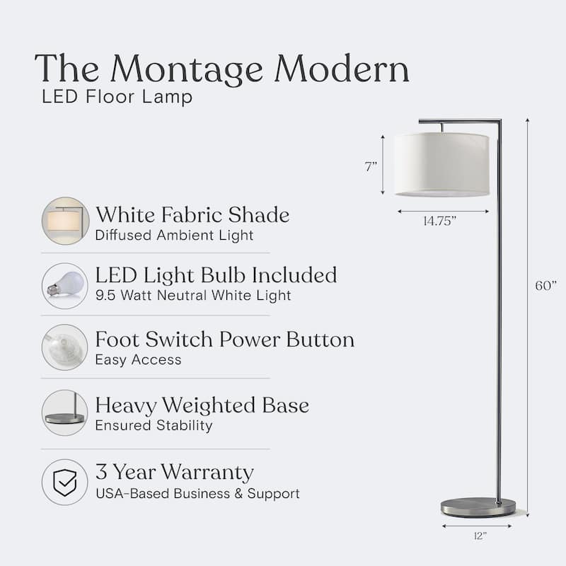 Brightech Montage Modern 60 in. Modern LED Super Bright Floor Lamp with White Fabric Drum Shade