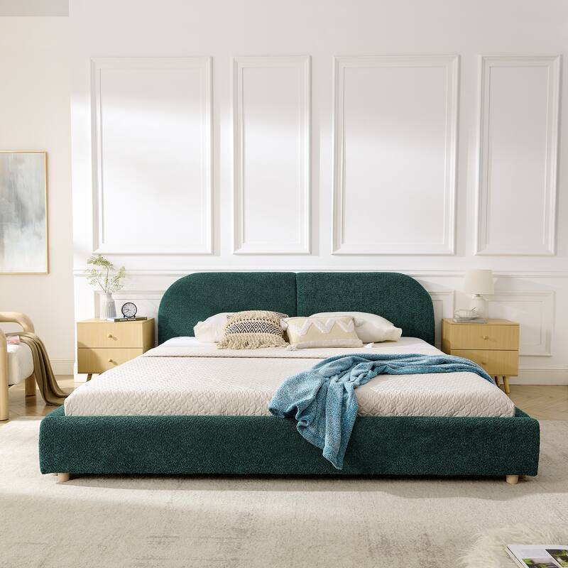 Fabric Upholstered Bed Frame Modern American Platform Bed Frame with Curved Headboard/Sturdy Legs Support/No Box Spring Needed
