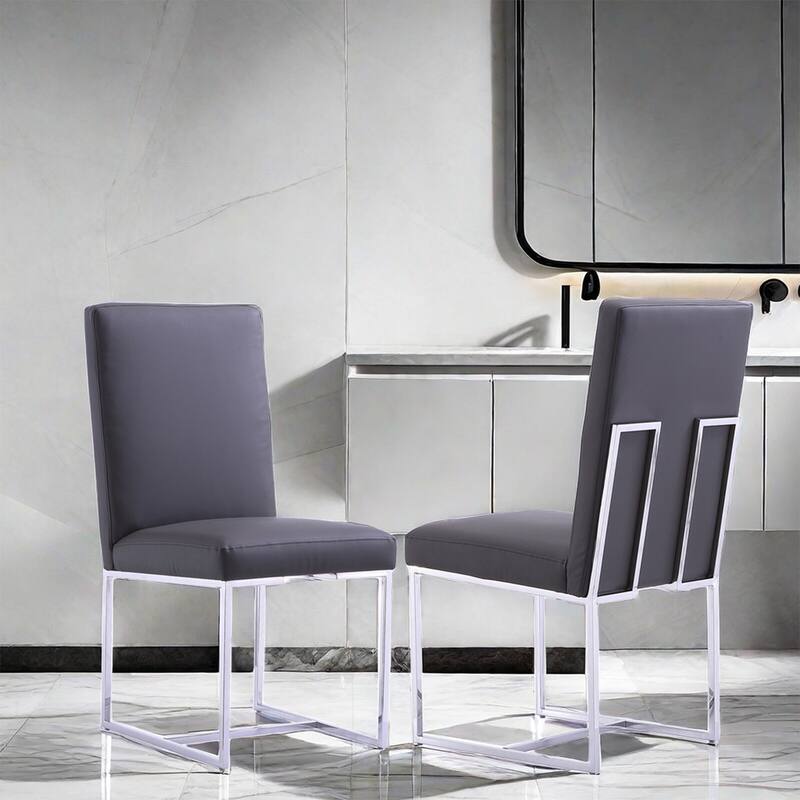 Modern Gray PU Leather Dining Chairs with Chrome Metal Legs - Short - 16-22 in. - Grey - Set of 2