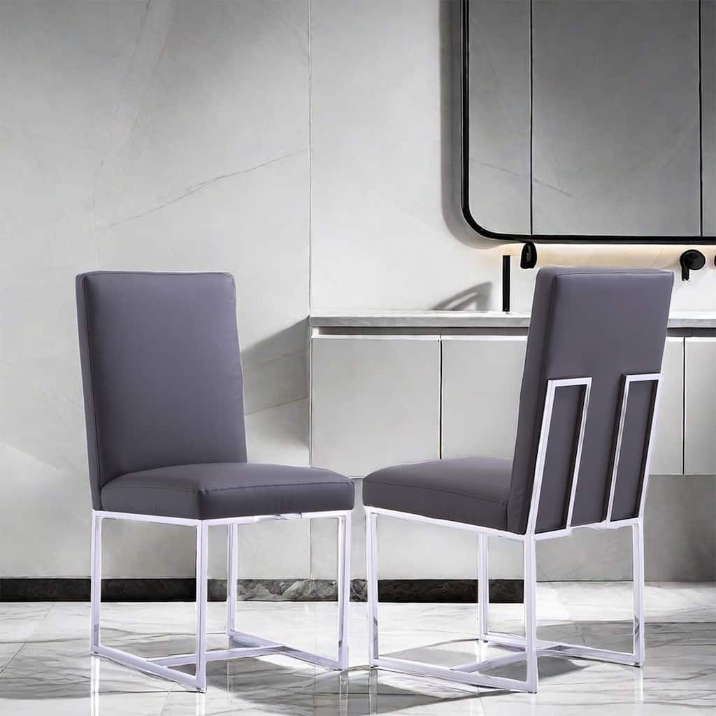 Modern Gray PU Leather Dining Chairs with Chrome Metal Legs