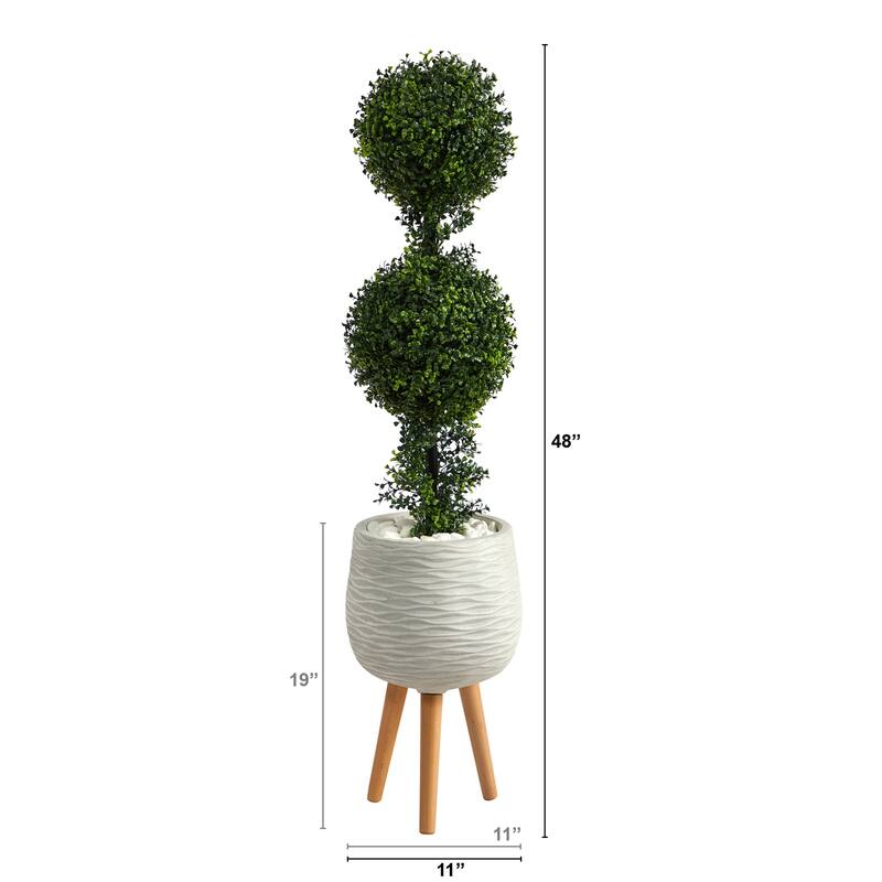 Artificial Topiary Tree - 4ft Double Ball Tree with White Planter & Stand - Indoor Outdoor Decor - Green - 51-60 Inches