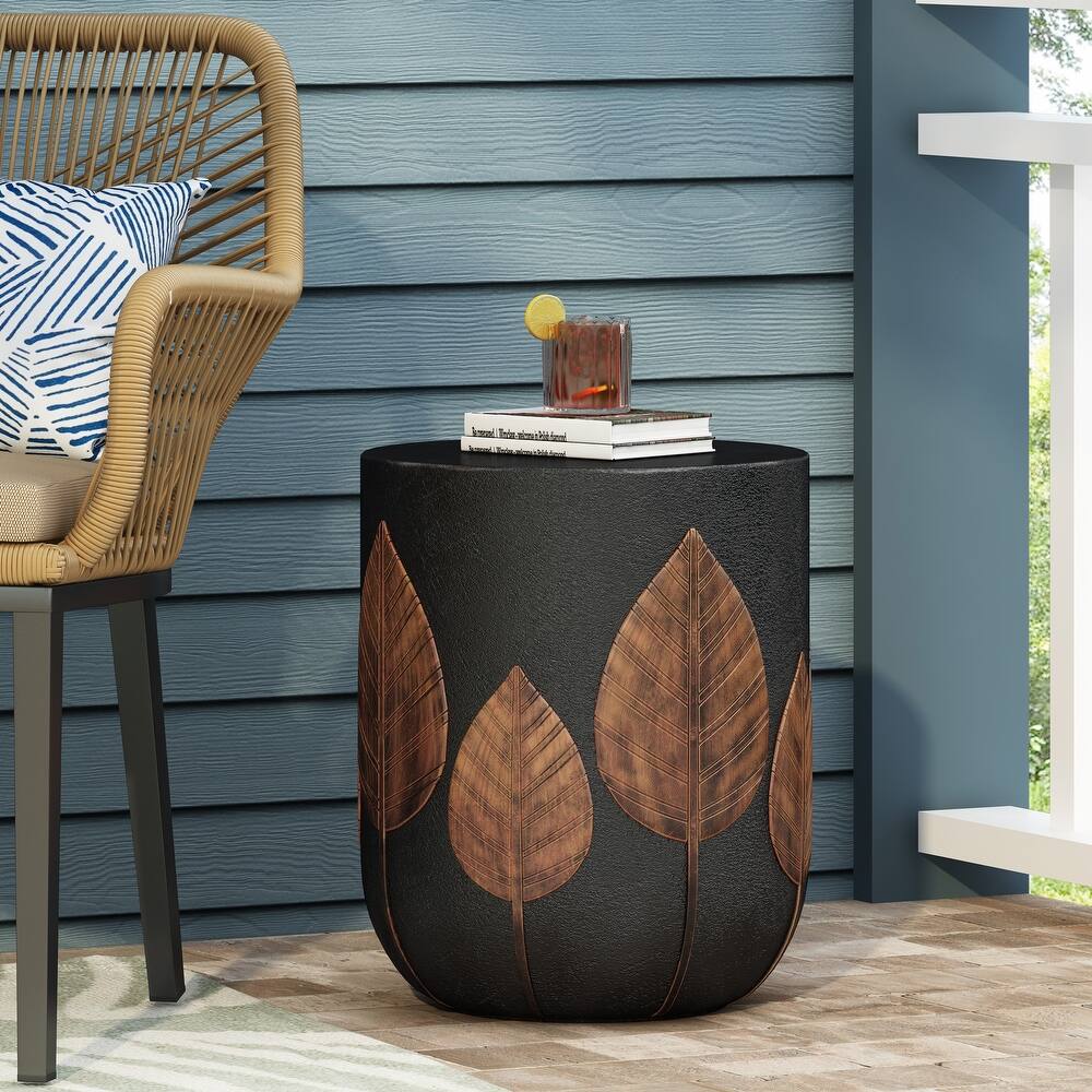 Roomfitters Outdoor Lightweight Side Table, Modern Cylinder Accent Table with Copper Leaf Design for Patio