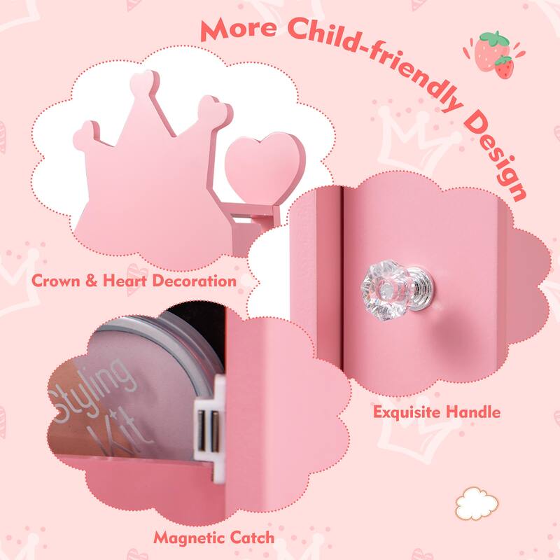 Gymax Kids Vanity Set Princess Makeup Dressing Table &Chair Set w/
