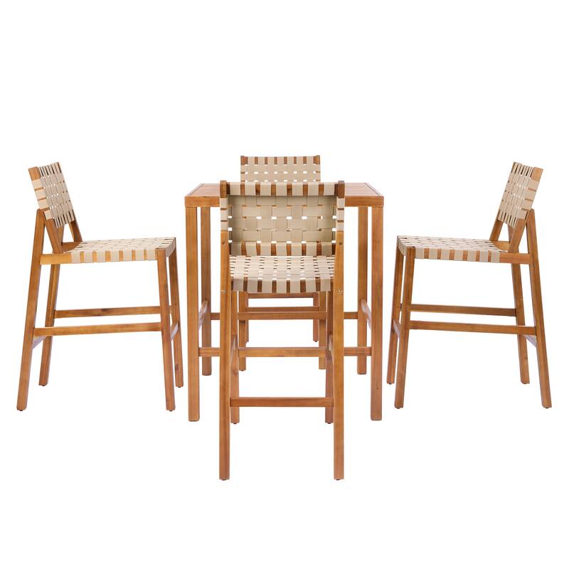 Christopher Knight Home - Solvanta Modern Solid Wood Outdoor 5-Piece Bar Height Dining Set with Rope Woven Bar Stools