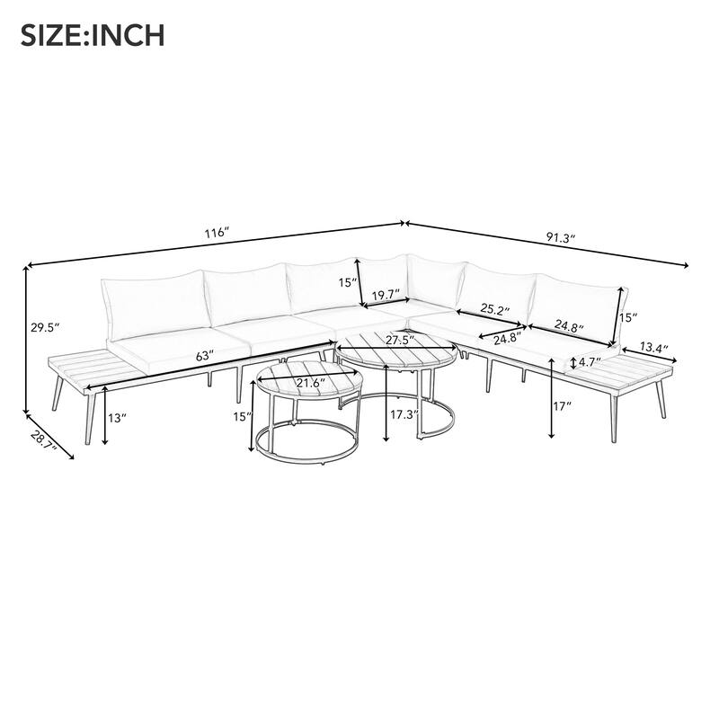 6-Piece Outdoor Patio Iron Modular Sectional Sofa Set with Nesting Coffee Tables and Side Storage Shelf