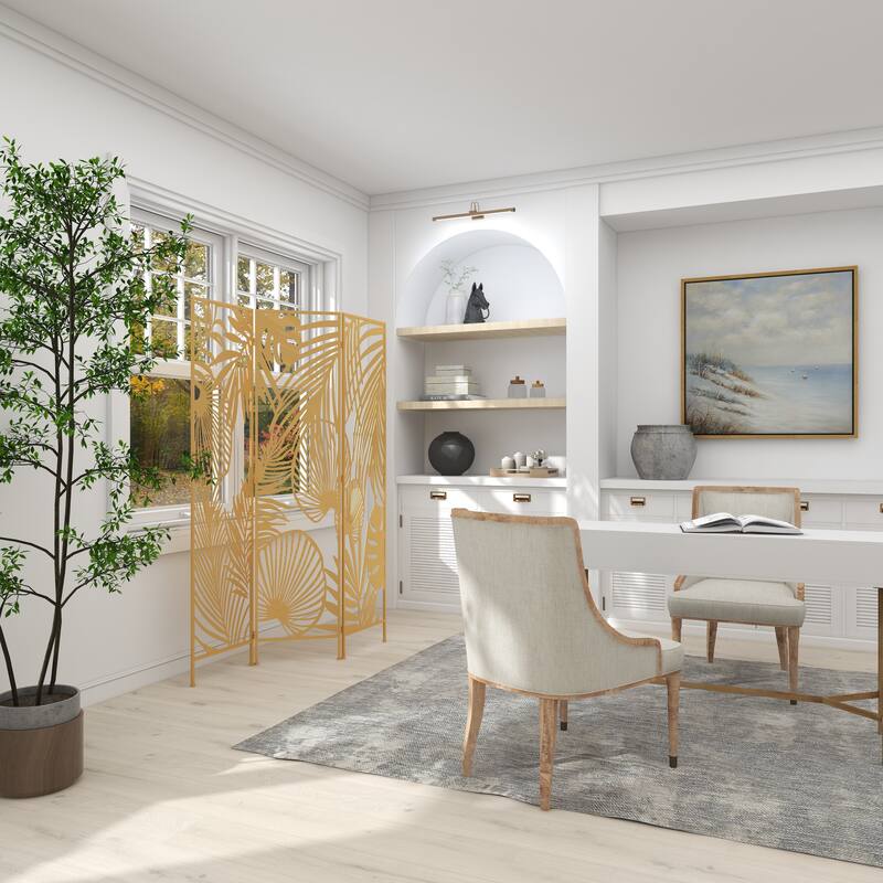 Gold Metal Foldable Partition Cutout Palm Leaf 3 Panel Leaf Partition Room Divider Screen