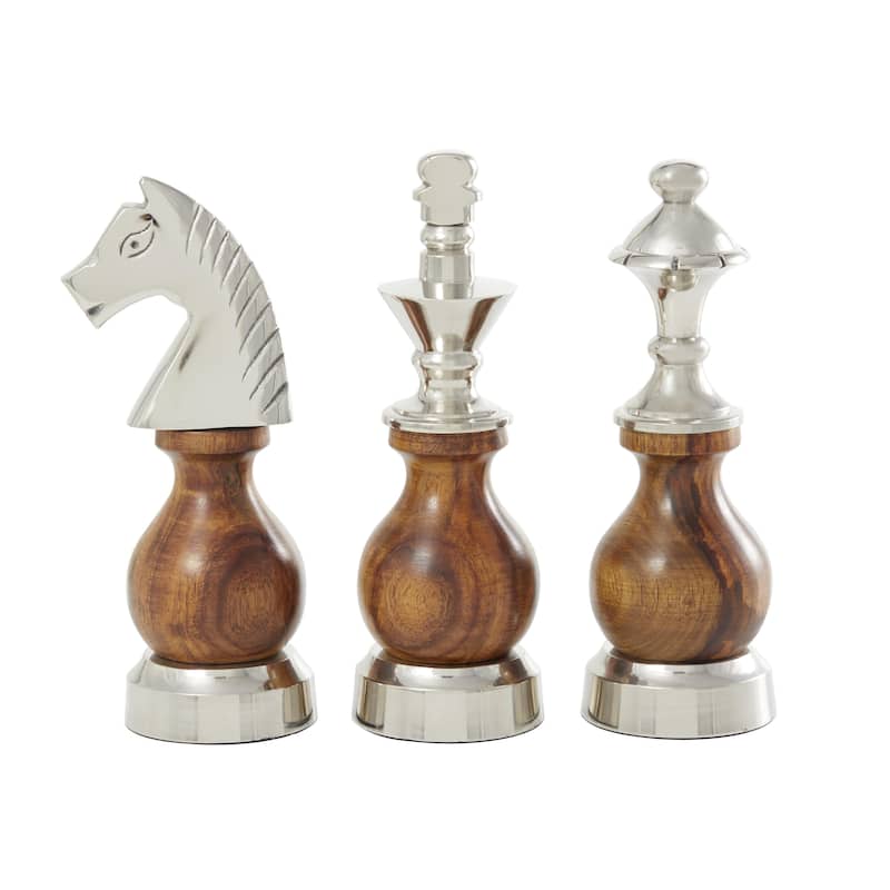 Aluminum Metal Chess King, Knight, Bishop Sculpture - Set of 3 Brown or Grey - Roche River Decor - Brown