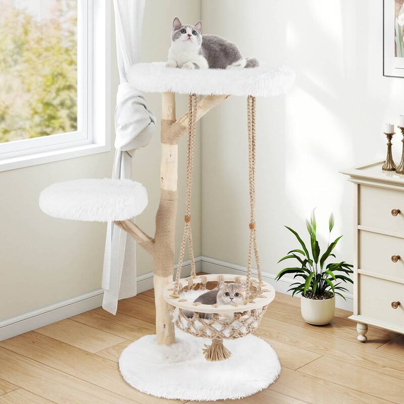 Costway 48.5” Solid Wood Cat Tree with Hanging Cradle Jute Scratching - as pic shows - See Details