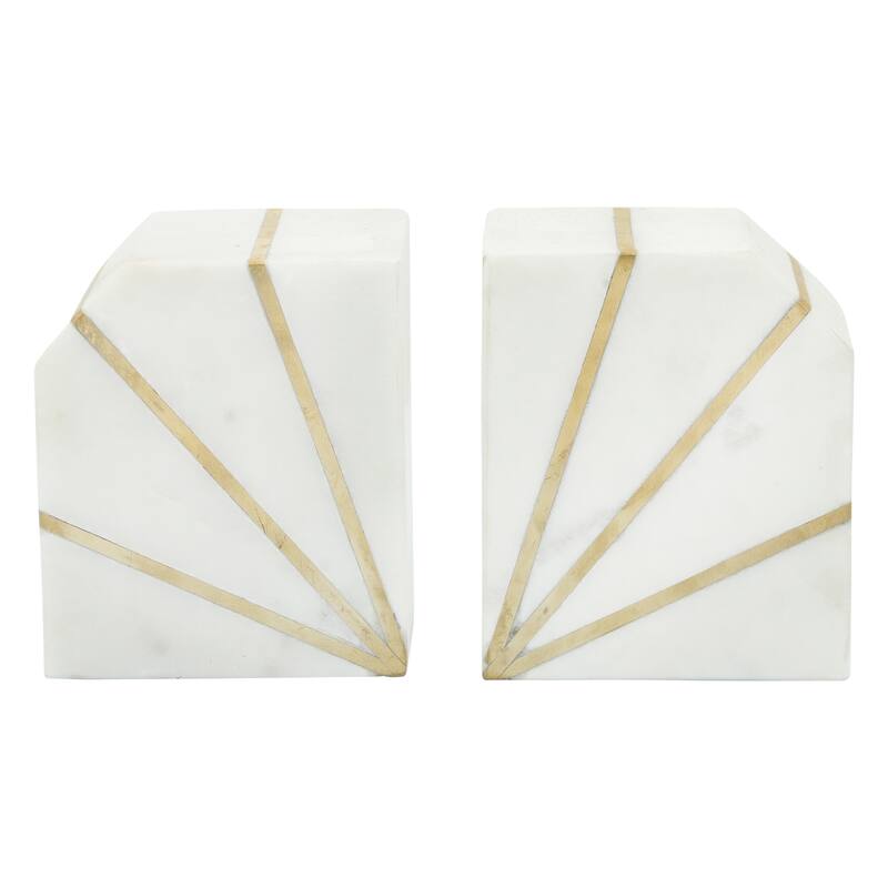 Set of 2 Marble Bookends - Contemporary White and Gold Polished Decorative Bookends - Book Display for Home or Office