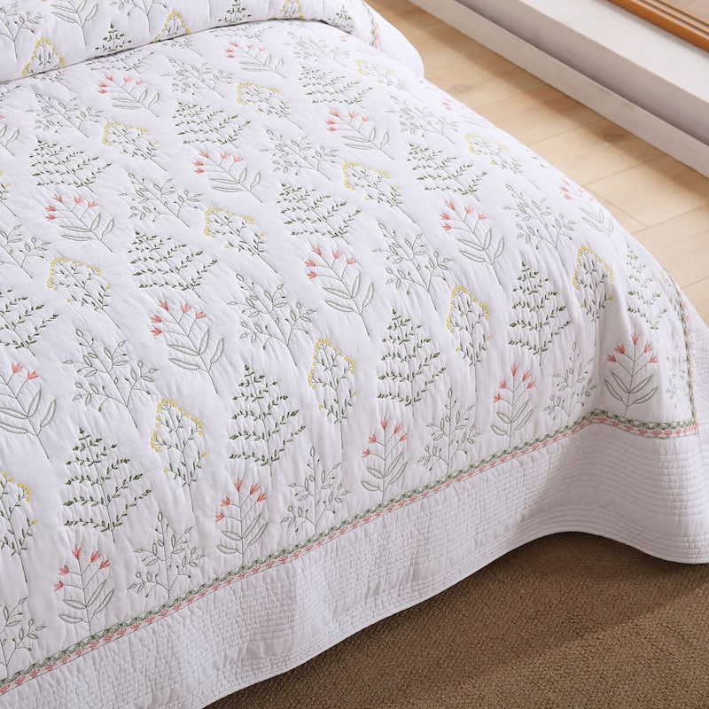 3Pcs 100% Cotton Floral Quilted Bedspread Set