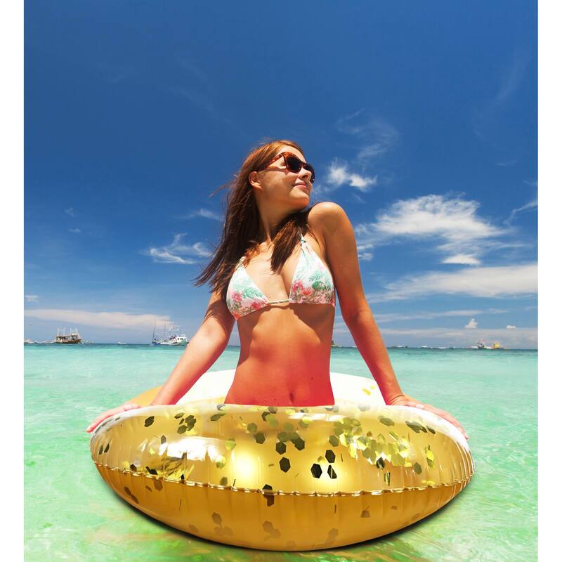 POZA Gold Inflatable Pool Floats Seating Bundle with Confetti - 3 Pack - ‎56 x 30 x 5 inches