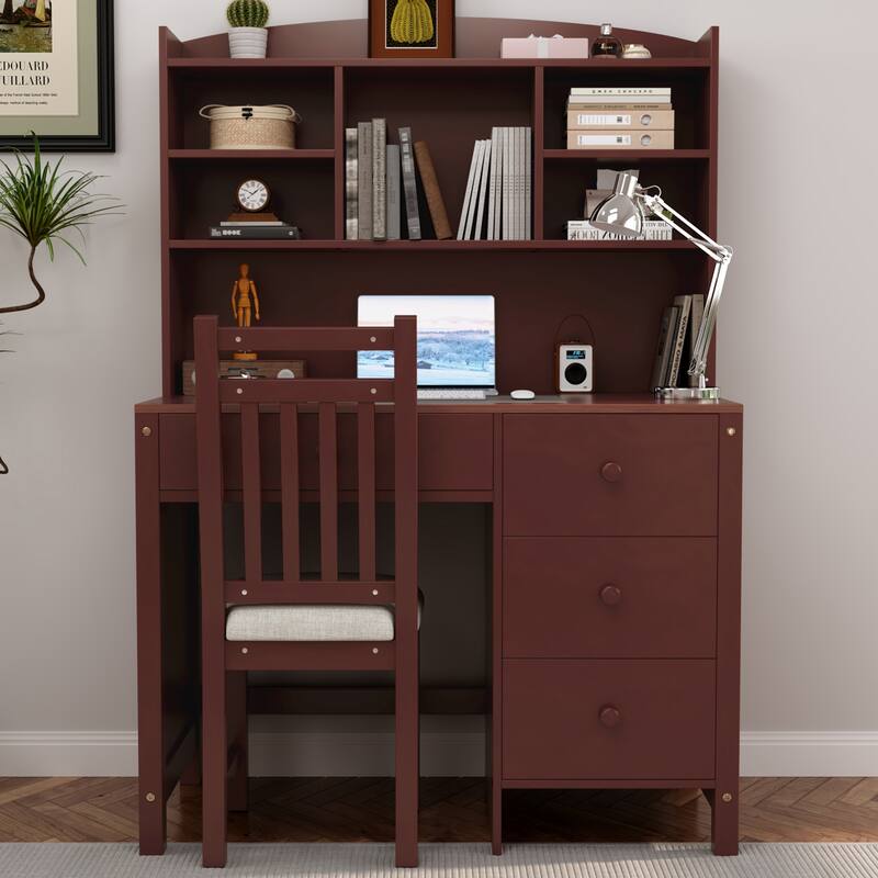 40" Home Executive Desk and Chair Set with 4 Drawers, Retro Computer Desk Office Table Study Desk with Storage Bookshelf