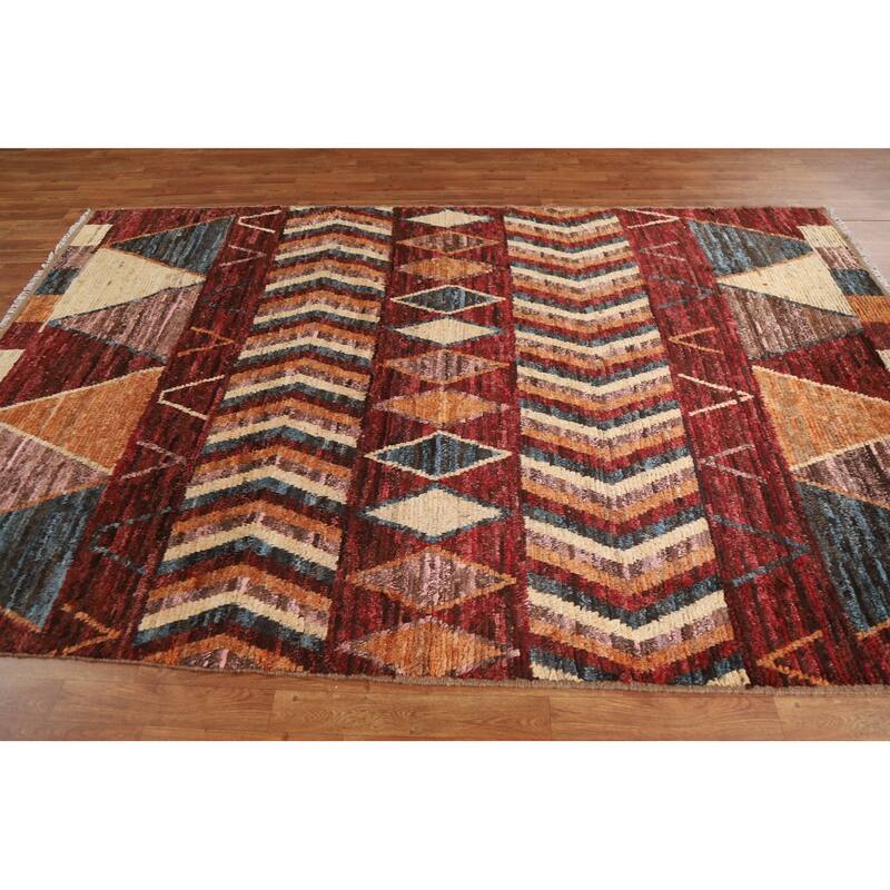 Hand Knotted Oriental 100% Wool Carpet Modern Tribal Red Moroccan Area Rug - 9' 11'' X 6' 4''