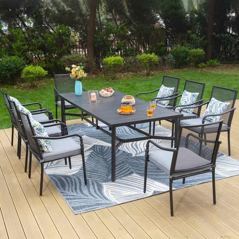 MAISON ARTS 9-Piece Patio Dining Set with Square/Rectangular Metal Table and 8 Gourd Head Shape Armrest Dining Chairs