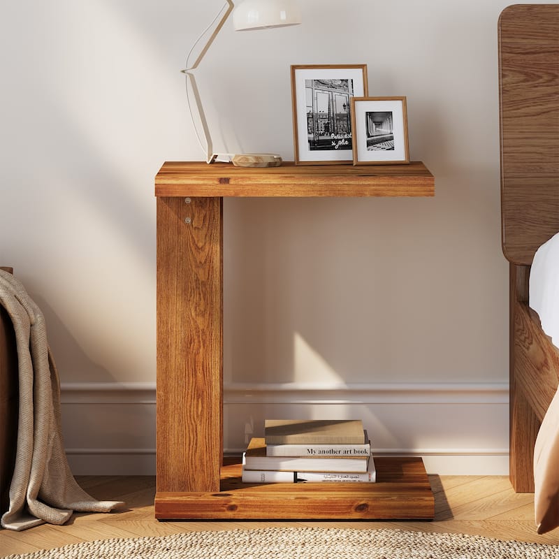 Solid Wood C Shaped Side Table for Couch