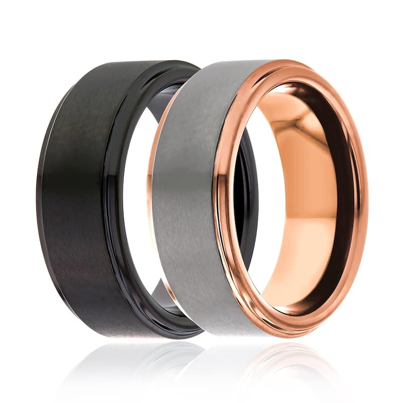 Kobelli 8mm Tungsten Carbide Brushed Matte Surface & Glossy Sleeve Comfort Fit Kyle Ring - Black-Black or Gunmetal-Rose