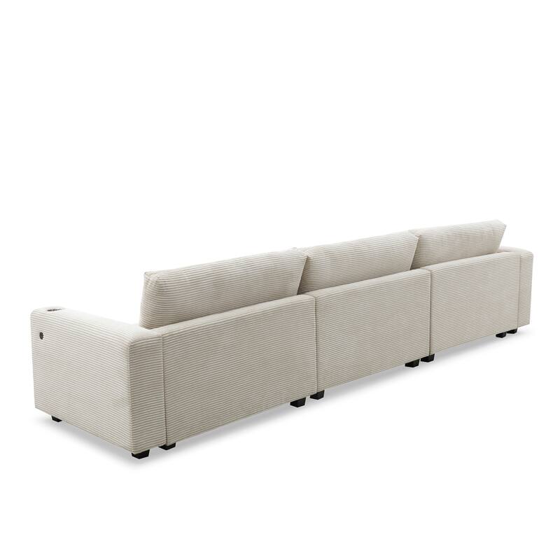 Spacious 4-Seater Corduroy Cloud Couch with Chaise, USB Charging Ports, and Cup Holders