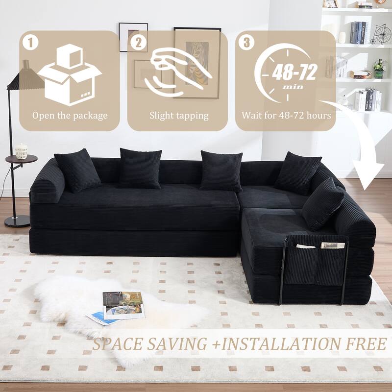 HOMEFUN Corduroy Upholstered Convertible Folding Sofa Bed with Fixed Frame and Pillow Back Handrail