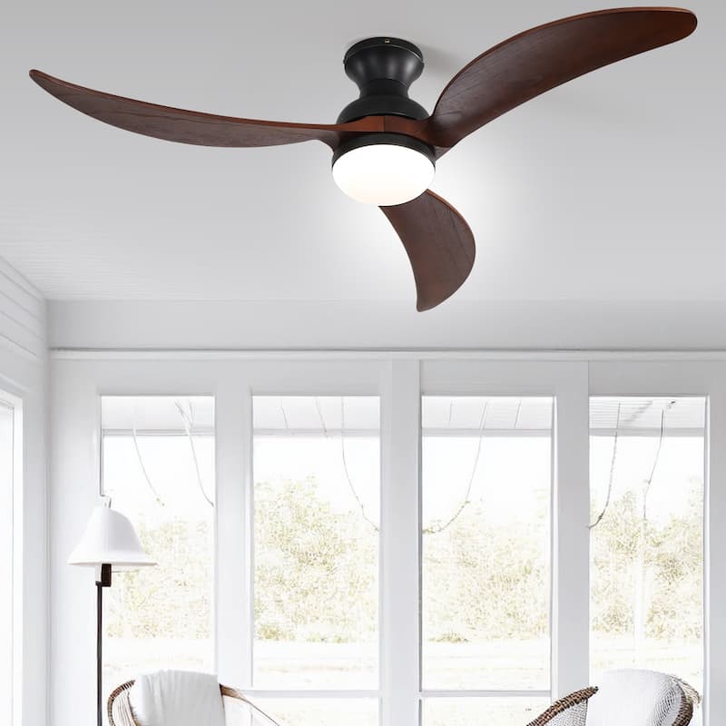 52 inch Smart Ceiling Fan Light with Remote Control with 3 Wood Blades,Flush Mount,Dimmable LED - 52 inch - Black with Brown Blades
