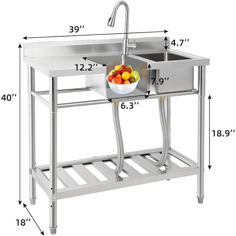 Stainless Steel Utility Sink Double Bowl with Pull-Out Faucet
