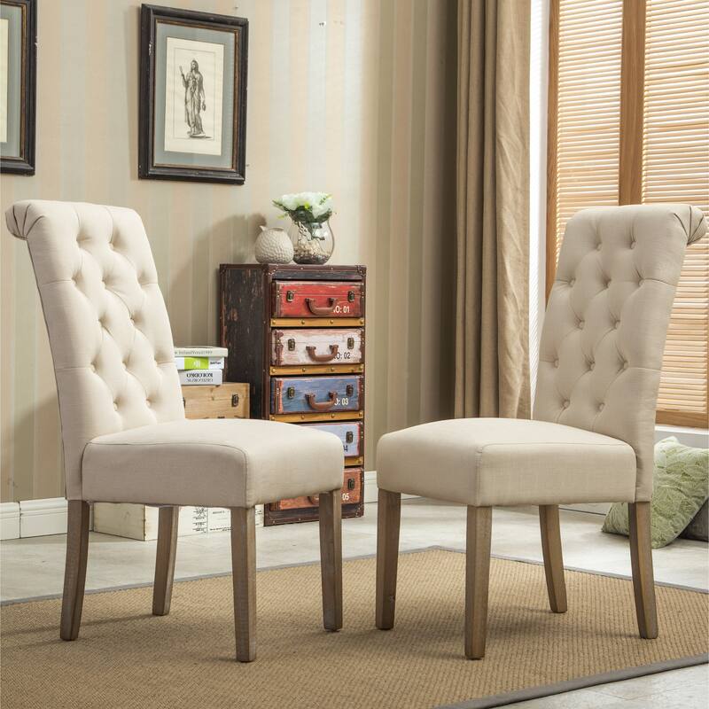 Set of 2 Upholstered Chair Tan Dining Chair with Button Tufted Backrest, Reception Chair Accent Chair with Wood Frame