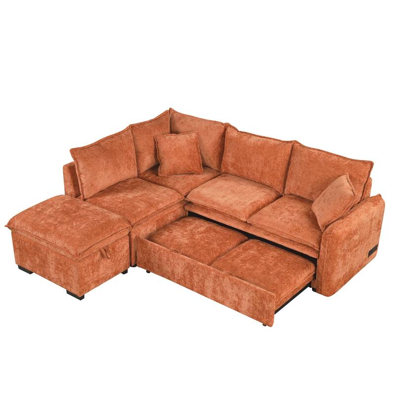Orange 82.67" L-Shaped 5-Seat Sofa with Pull-Out Bed and Storage Ottoman