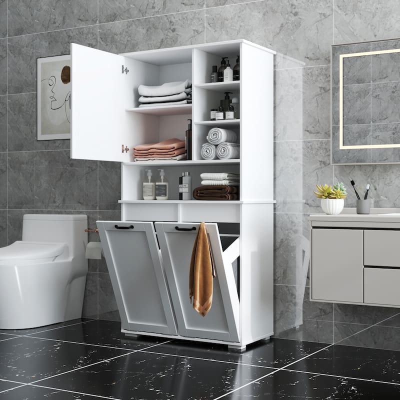 GDFStudio - 63" Freestanding Laundry Storage Cabinet with Tilt-Out Hampers, 4 Layer Open & Adjustable Shelving - Open shelf