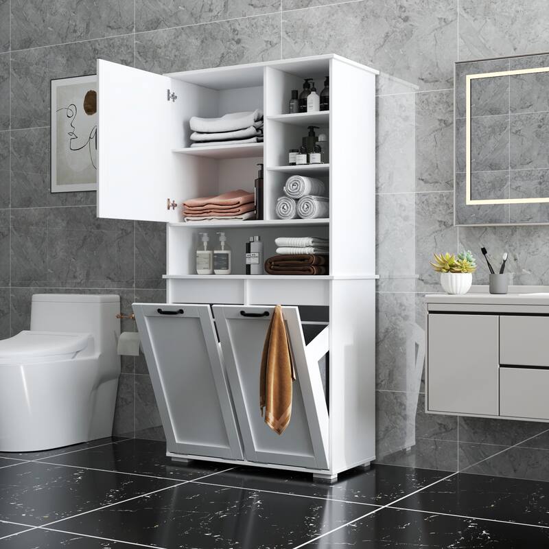 Laundry Storage Cabinet - Tilt-Out Hamper, Adjustable Shelves, Freestanding Organizer